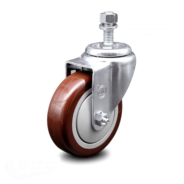 4 Inch Maroon Polyurethane Wheel Swivel 1/2 Inch Threaded Stem Caster SCC